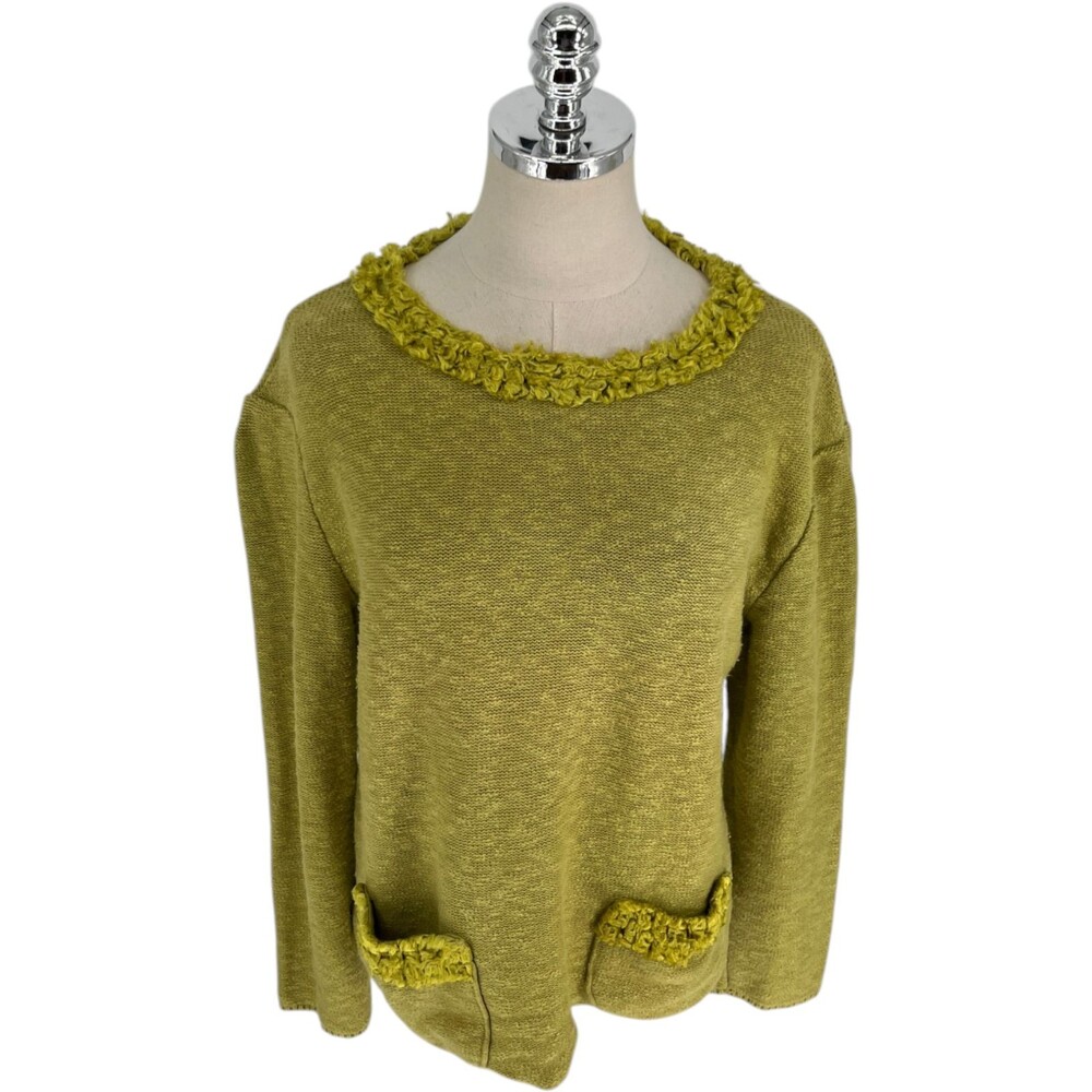 Willow Sweater Women's Size Medium Chartreuse Green Fuzzy Trim Pockets